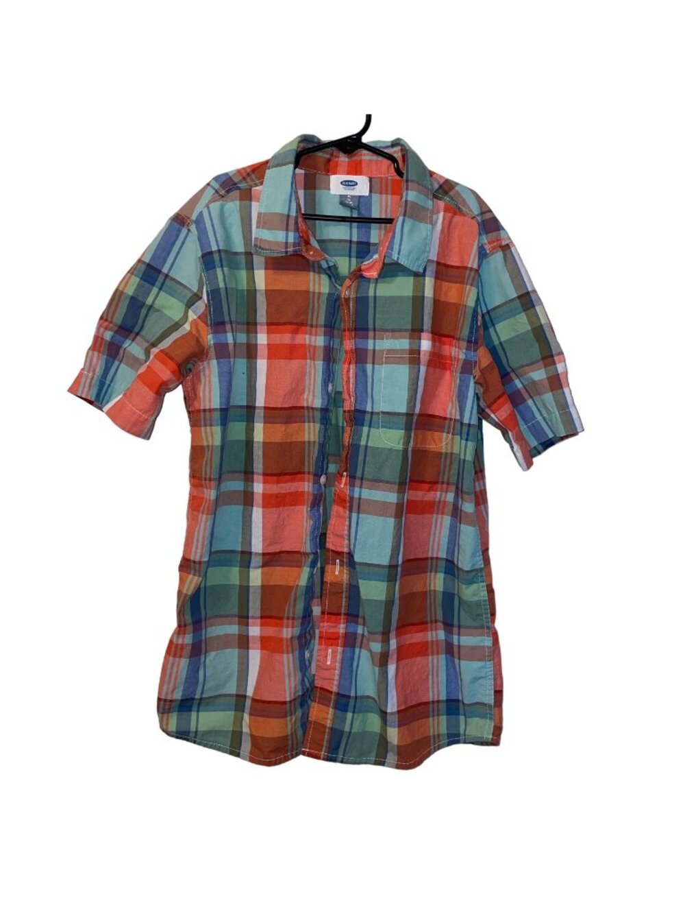 Old Navy Plaid Short Sleeve Shirt XL 14-16 Orange Blue Cotton Boys
